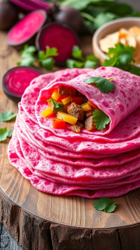 A stack of pink tortillas on a wooden table, filled with colorful ingredients.